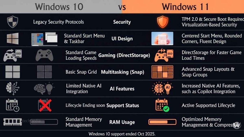Windows 11 vs Windows 10 infographic comparing security, UI, gaming, productivity, and system requirements side by side