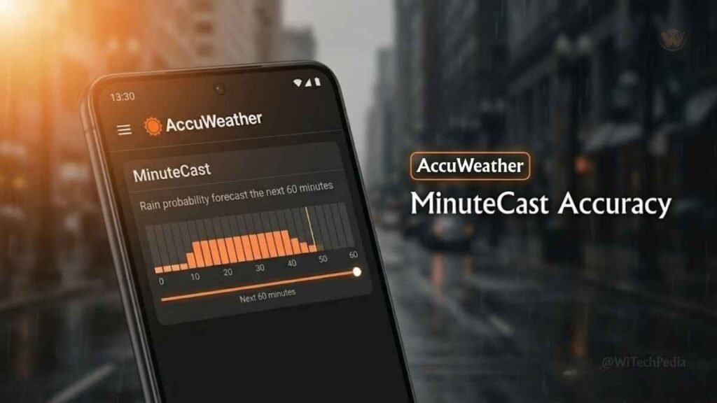 AccuWeather MinuteCast feature on Android showing minute-by-minute rain forecast for best weather app review
