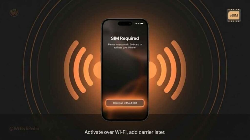 iPhone showing 'Continue Without SIM' option during new iPhone activation for Wi-Fi only setup