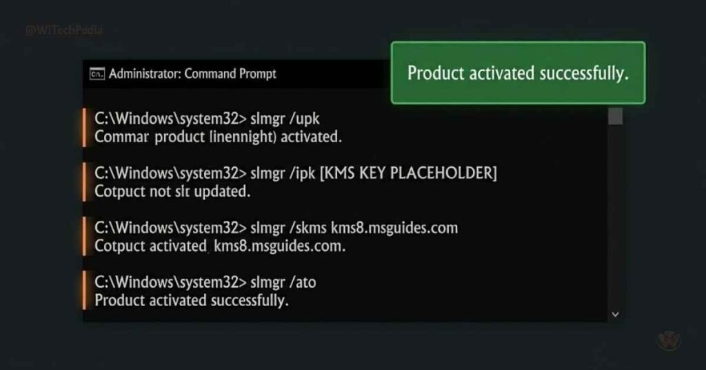 Command Prompt administrator window showing slmgr activation commands to activate Windows 10 for free