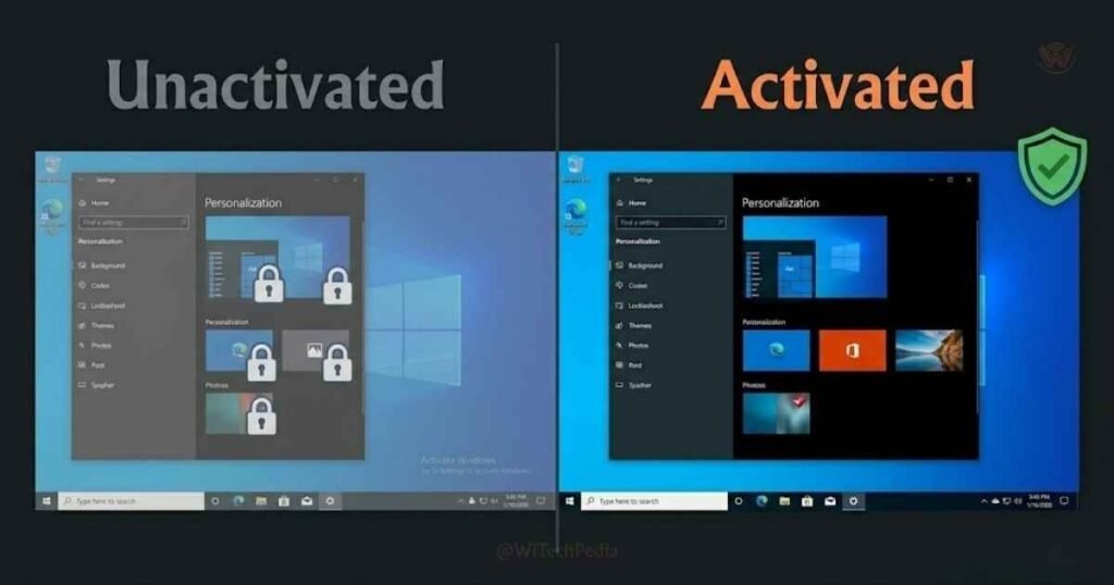 Side-by-side comparison of activated versus unactivated Windows 10 showing unlocked features and watermark status