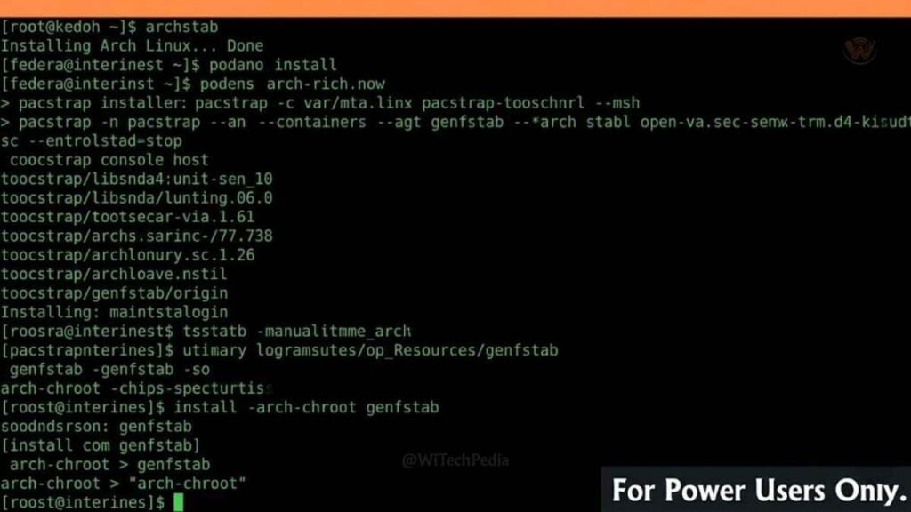 Arch Linux terminal installation screen with manual partitioning commands for experienced power users
