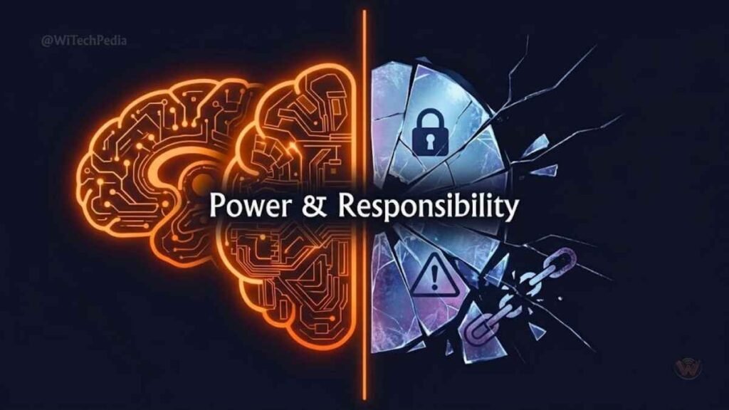 Dark conceptual illustration representing artificial intelligence ethics risks including bias, privacy, and misinformation