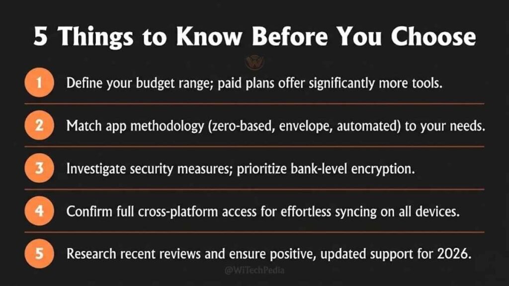 Summary card of the 5 key takeaways for choosing the best app for budgeting in 2026