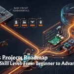 An isometric infographic showing a robotics project roadmap, progressing from basic circuit fundamentals to an autonomous AI drone. It features microcontrollers, intermediate rovers, and advanced autonomous systems connected by glowing circuit traces on a dark background. Watermarked WiTechPedia.com.