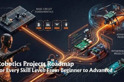 An isometric infographic showing a robotics project roadmap, progressing from basic circuit fundamentals to an autonomous AI drone. It features microcontrollers, intermediate rovers, and advanced autonomous systems connected by glowing circuit traces on a dark background. Watermarked WiTechPedia.com.