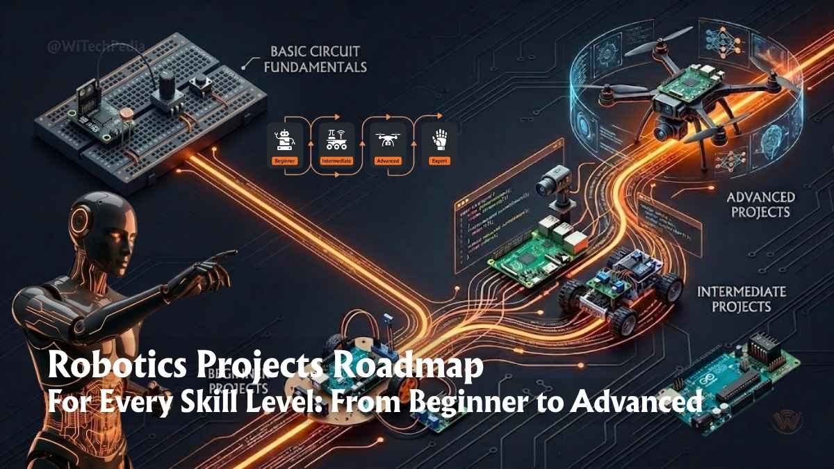 An isometric infographic showing a robotics project roadmap, progressing from basic circuit fundamentals to an autonomous AI drone. It features microcontrollers, intermediate rovers, and advanced autonomous systems connected by glowing circuit traces on a dark background. Watermarked WiTechPedia.com.