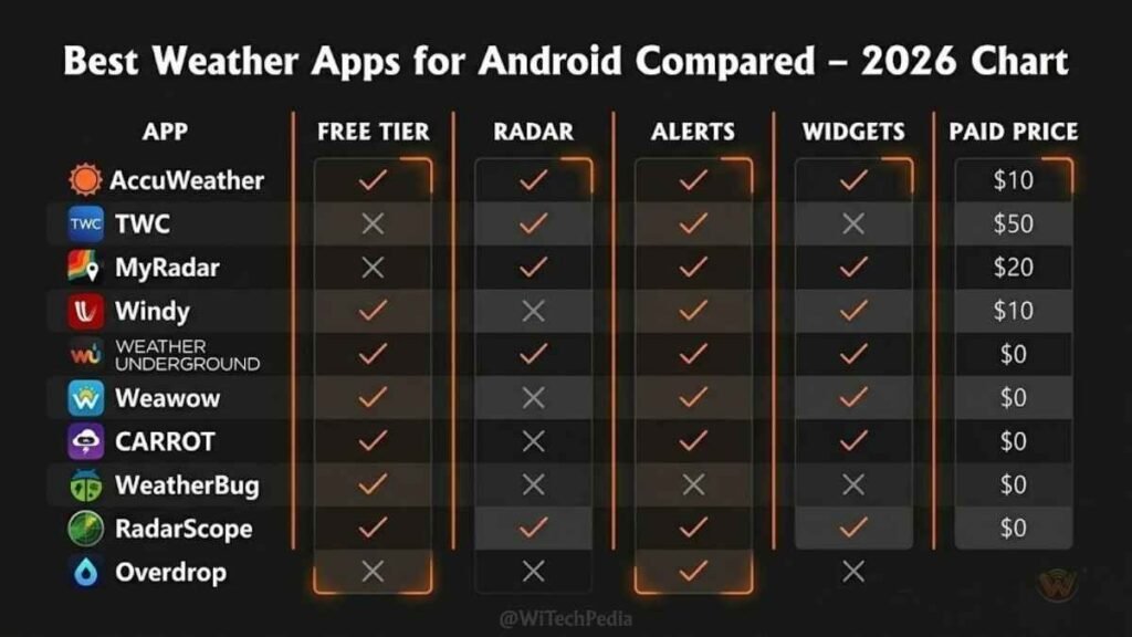 Comparison chart of best weather apps for Android including AccuWeather MyRadar Windy and Weawow