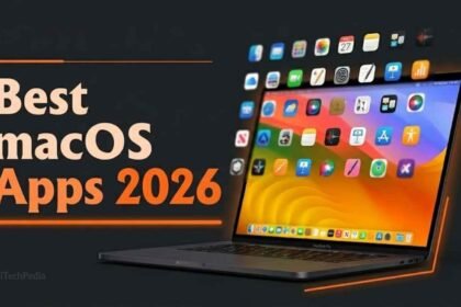 Best macOS apps 2026 collection displayed on a MacBook Pro screen with orange brand overlay