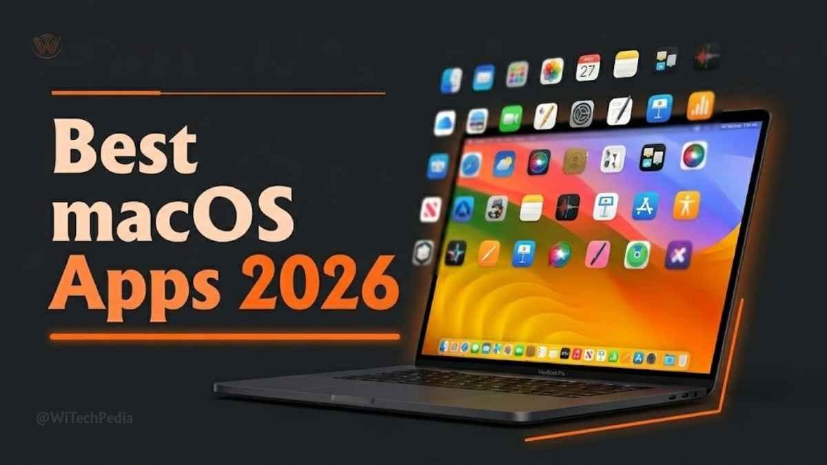 Best macOS apps 2026 collection displayed on a MacBook Pro screen with orange brand overlay