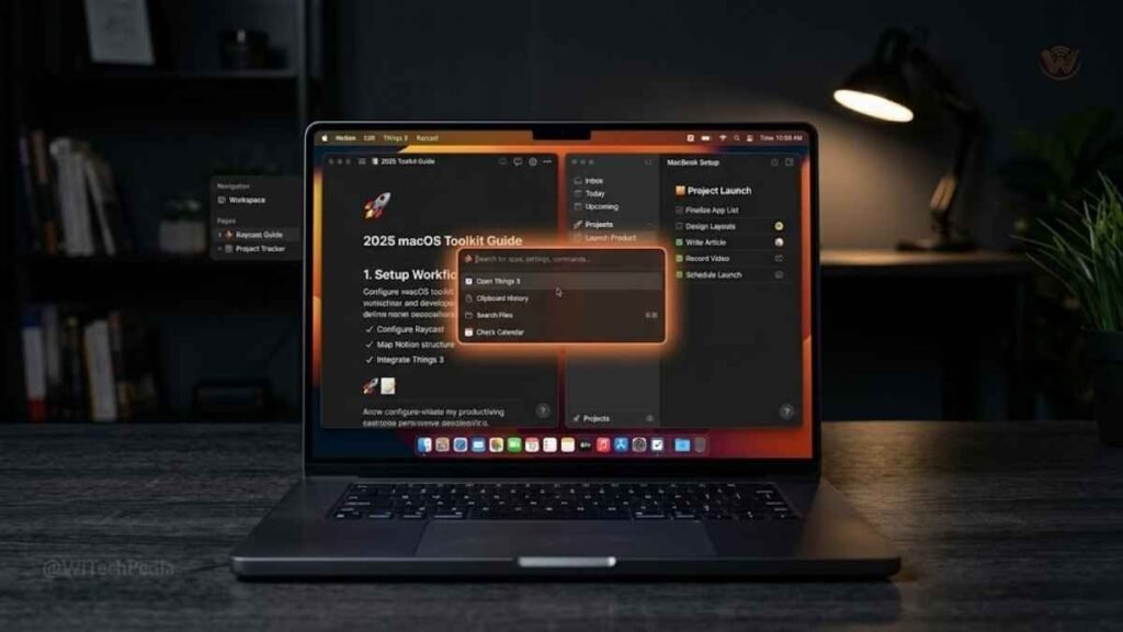 Best macOS productivity apps 2026 — Notion, Raycast, Things 3, and Fantastical shown on MacBook screen