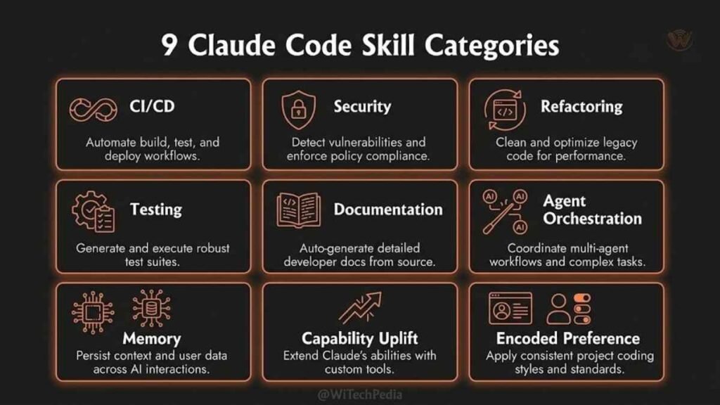 Infographic grid of all 9 Claude Code skill categories including CI/CD, security, testing, memory, and agent orchestration