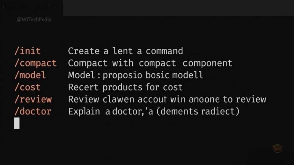 Claude Code terminal displaying slash commands /init /compact /model /review with orange syntax highlighting