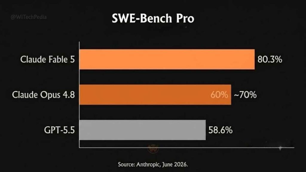 Bar chart comparing Claude Fable 5 SWE-Bench Pro score of 80.3% vs Claude Opus 4.8 at 70% and GPT-5.5 at 58.6%