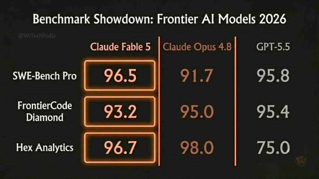 Claude Fable 5 vs GPT-5.5 vs Opus 4.8 full benchmark comparison infographic