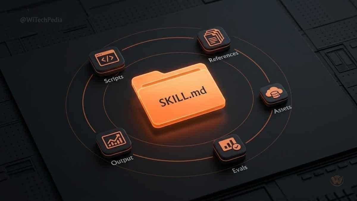 Claude Skills reusable instruction system shown as glowing modular folders on a dark tech interface in 2026