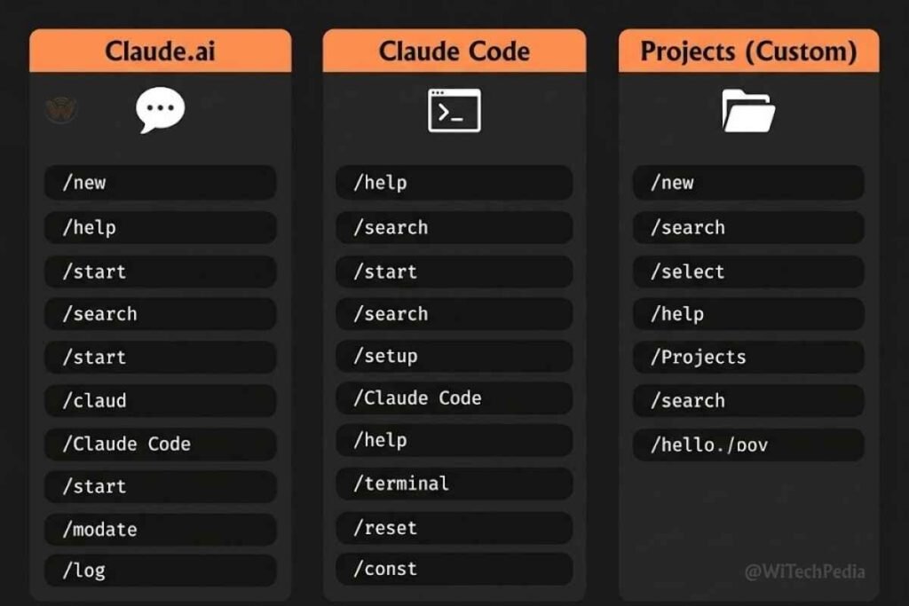 Infographic comparing claude slash commands across Claude.ai, Claude Code, and Projects with icons and categories