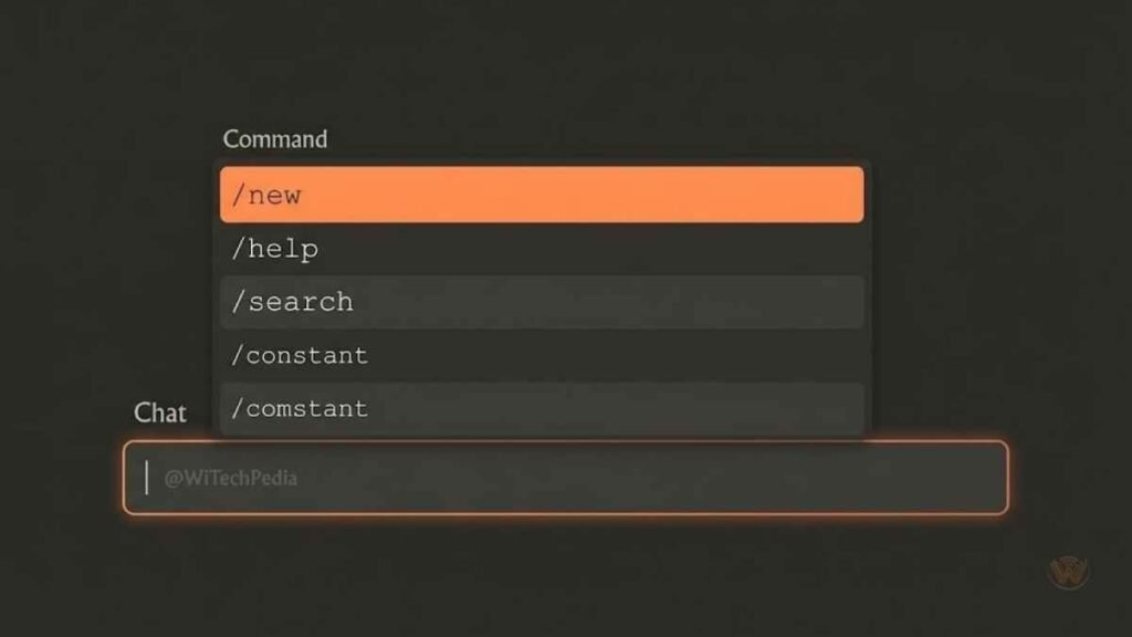 Claude.ai chat interface displaying native slash command menu with /new /help /search options highlighted