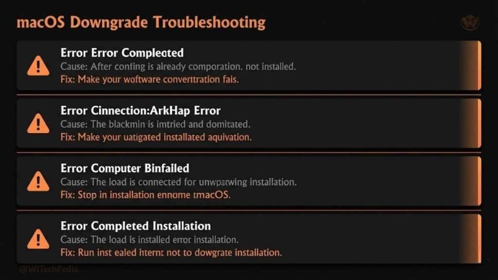 Troubleshooting infographic listing 4 common macOS downgrade errors with their causes and step-by-step fixes