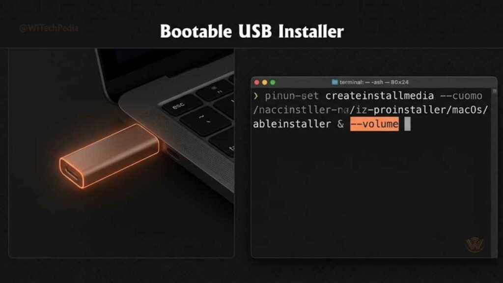 Visual showing a USB drive connected to a MacBook with Terminal command creating a macOS bootable installer