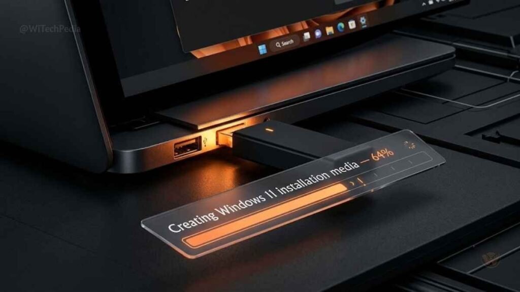 USB flash drive connected to a laptop during Windows 11 installation media creation process