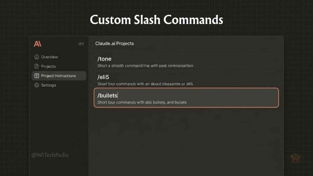 Claude.ai Projects settings panel showing custom slash command instructions being configured