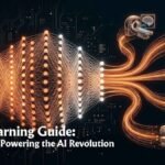An infographic visualization illustrating a deep learning neural network in the center, shown with glowing orange and white nodes. Arrows point from the network to various real-world AI applications: autonomous vehicles, medical imaging analysis (brain scan), multi-language translation, smart power grid management, and logistics transportation.
