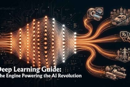 An infographic visualization illustrating a deep learning neural network in the center, shown with glowing orange and white nodes. Arrows point from the network to various real-world AI applications: autonomous vehicles, medical imaging analysis (brain scan), multi-language translation, smart power grid management, and logistics transportation.