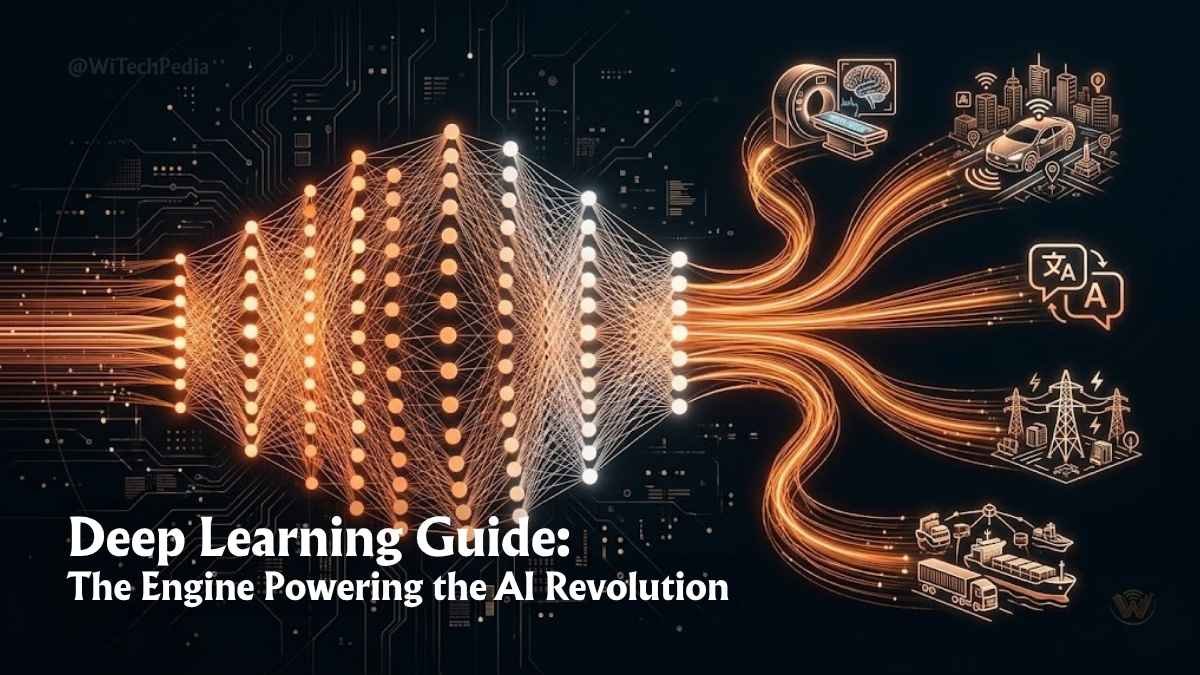 An infographic visualization illustrating a deep learning neural network in the center, shown with glowing orange and white nodes. Arrows point from the network to various real-world AI applications: autonomous vehicles, medical imaging analysis (brain scan), multi-language translation, smart power grid management, and logistics transportation.