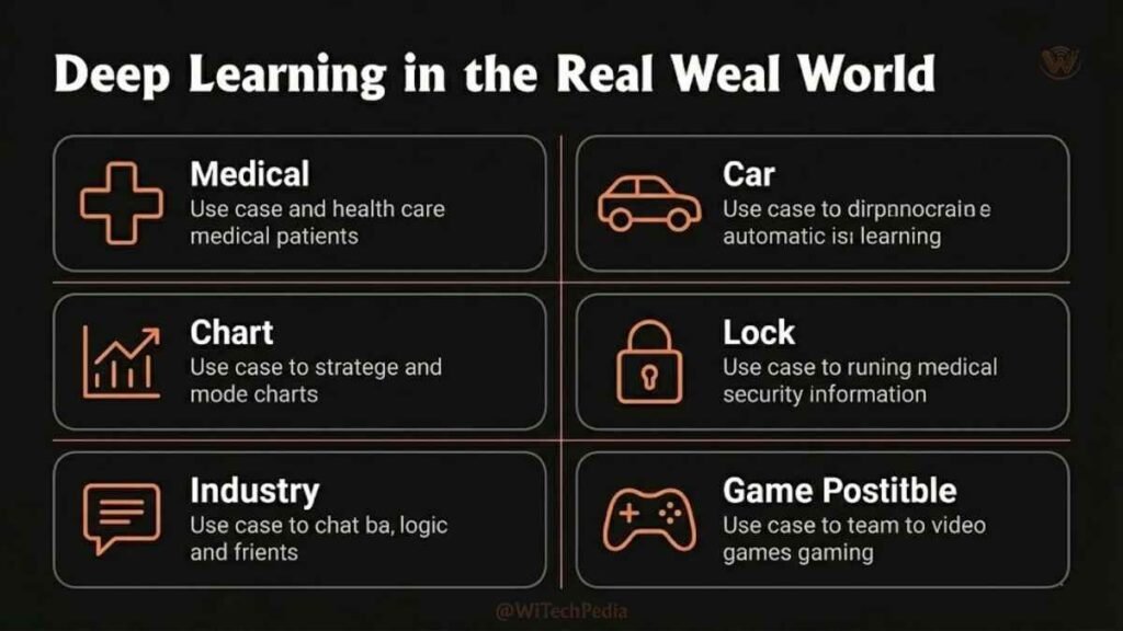Industry infographic showing deep learning applications in healthcare, autonomous vehicles, finance, cybersecurity, and NLP with icons