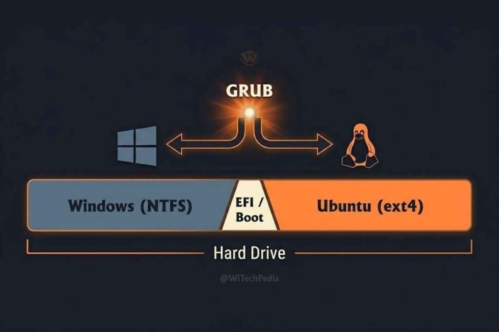 Diagram showing how dual boot Linux and Windows works with GRUB bootloader partition layout on a single drive