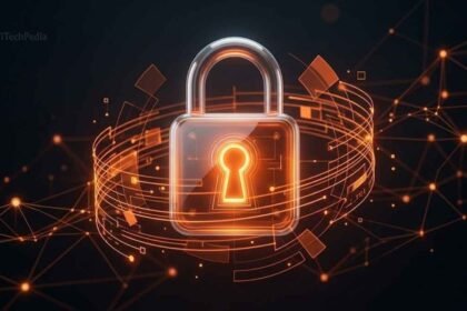 Abstract digital lock and shield representing essential cybersecurity tips to protect your data.