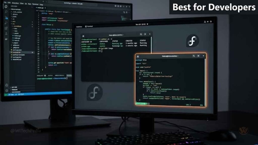 Fedora 40 developer workstation showing terminal, Podman containers, and code editor on dark desktop