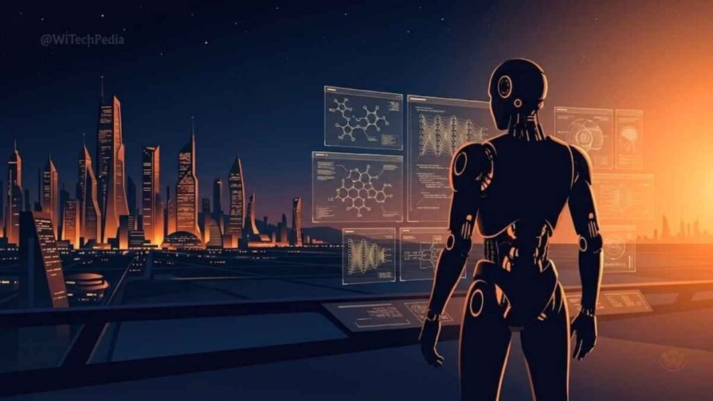 Futuristic illustration showing artificial intelligence future trends including agentic AI, robotics, and scientific discovery