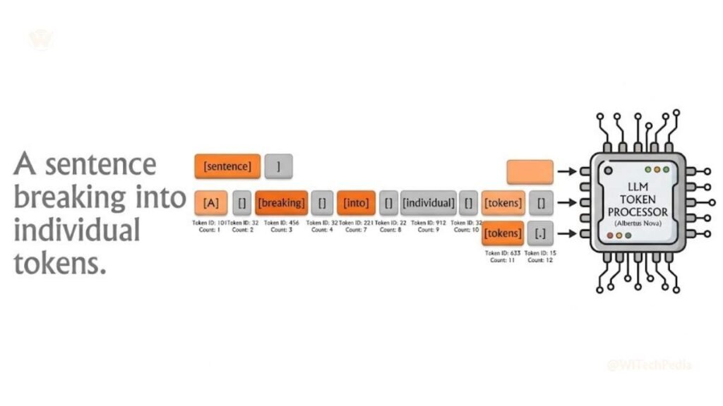 Diagram showing how AI tokens work in prompt engineering and LLM processing