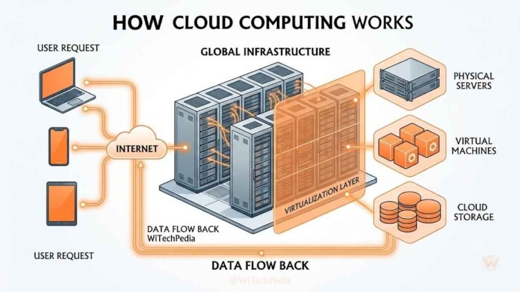 Diagram illustrating user requests traveling over the internet to virtualized servers in a global data center network.