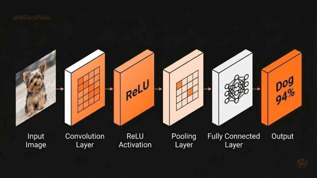 CNN deep learning diagram showing an image being processed through convolution, pooling, and fully connected layers to produce a classification