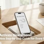 Featured image of How to Activate New iPhone The Complete Step-by-Step Guide showing A close-up photograph of a new iPhone standing upright in its unique circular unboxing tray on a light wood desk. The screen displays the 'Welcome to iPhone' setup screen with options for Apple ID, Wi-Fi, and SIM. In the background, there's a potted succulent, keys, a coffee cup, and instruction booklets.