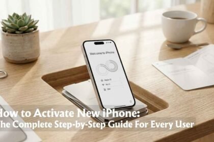 Featured image of How to Activate New iPhone The Complete Step-by-Step Guide showing A close-up photograph of a new iPhone standing upright in its unique circular unboxing tray on a light wood desk. The screen displays the 'Welcome to iPhone' setup screen with options for Apple ID, Wi-Fi, and SIM. In the background, there's a potted succulent, keys, a coffee cup, and instruction booklets.