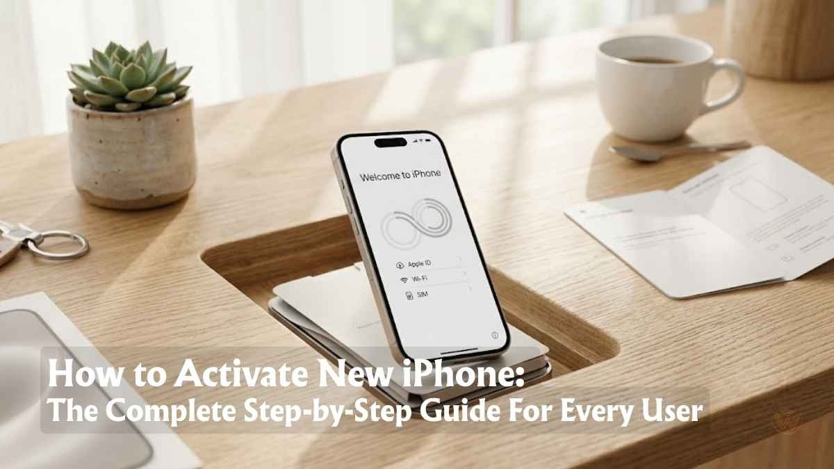 Featured image of How to Activate New iPhone The Complete Step-by-Step Guide showing A close-up photograph of a new iPhone standing upright in its unique circular unboxing tray on a light wood desk. The screen displays the 'Welcome to iPhone' setup screen with options for Apple ID, Wi-Fi, and SIM. In the background, there's a potted succulent, keys, a coffee cup, and instruction booklets.
