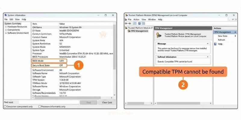 Screenshot guide showing msinfo32 and tpm.msc windows open on Windows 10 to check compatibility before installing Windows 11 on unsupported hardware