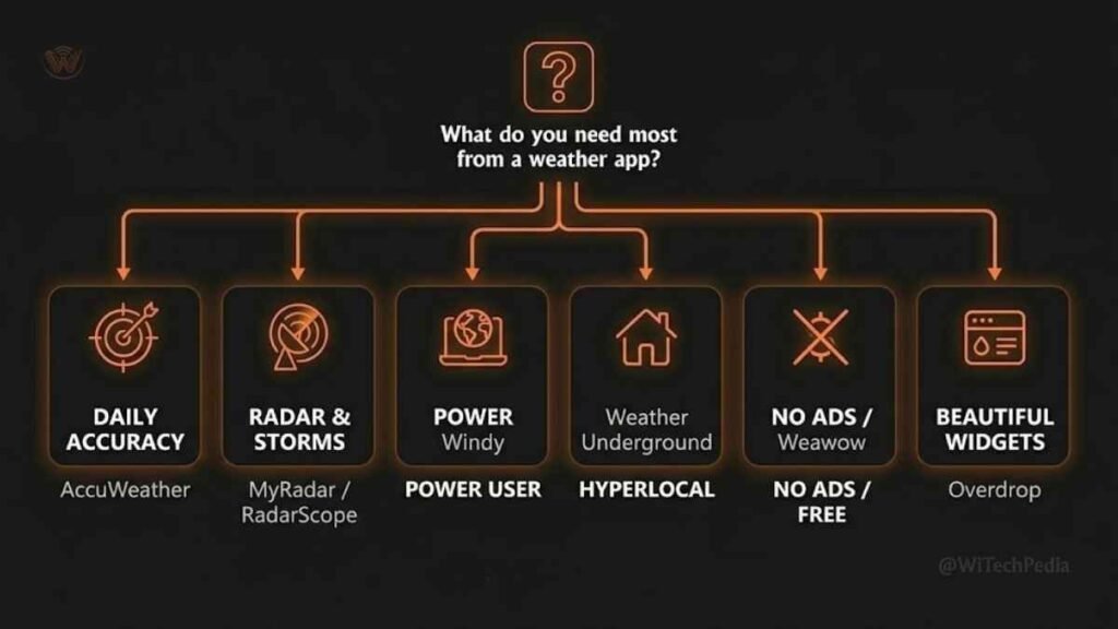 Infographic decision tree for choosing the best weather app for Android based on user needs and use case
