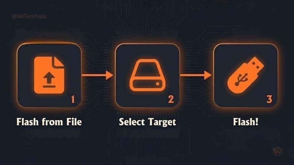 Step-by-step visual showing how to create a bootable Linux USB drive using Balena Etcher software interface