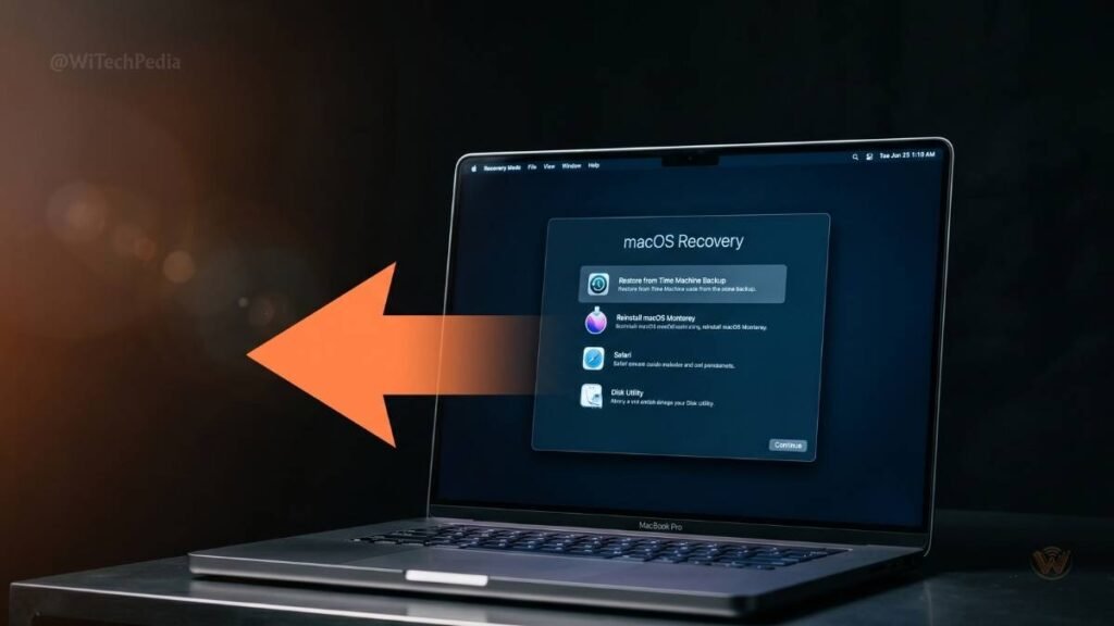 A MacBook screen showing macOS downgrade recovery options in a tech editorial style