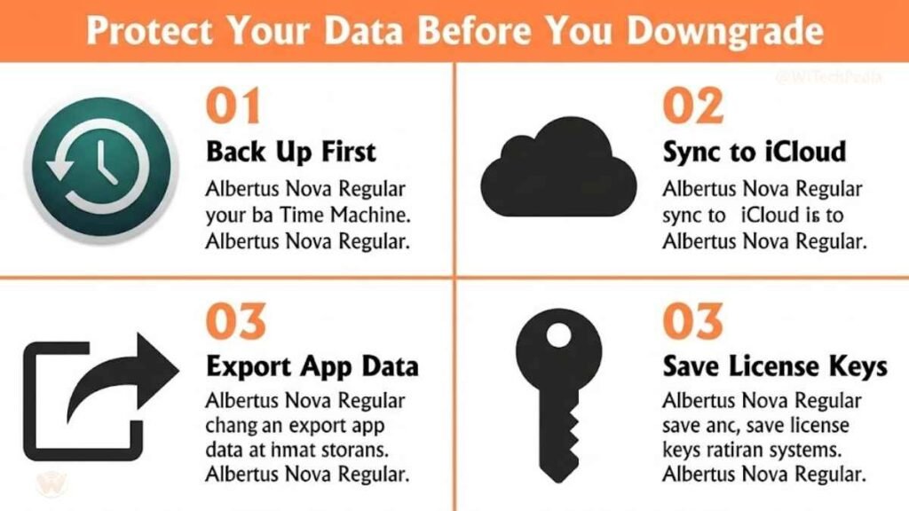 Infographic showing 4 data-protection strategies before downgrading macOS: Time Machine, iCloud sync, app exports, license backup