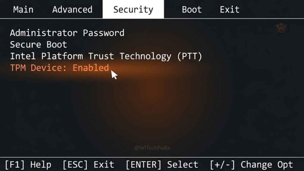 BIOS/UEFI settings screen showing TPM 2.0 being enabled for Windows 11 upgrade compatibility