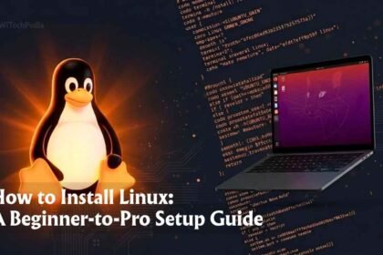 How to install Linux step-by-step guide hero image showing terminal and Ubuntu desktop on dark background