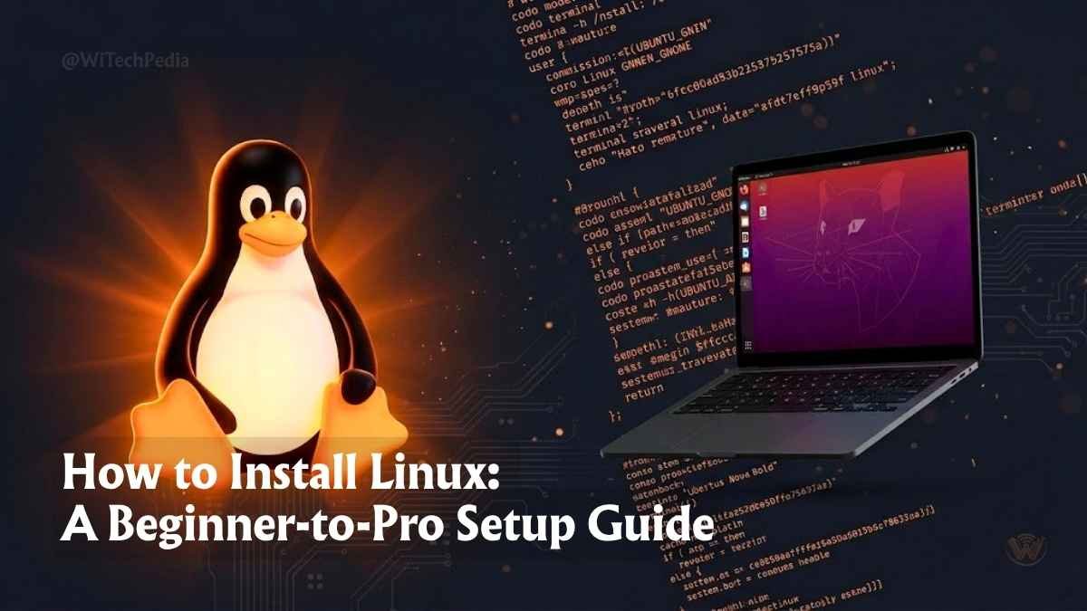 How to install Linux step-by-step guide hero image showing terminal and Ubuntu desktop on dark background