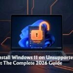 Hero image showing how to install Windows 11 on unsupported hardware with a bypass unlock visual