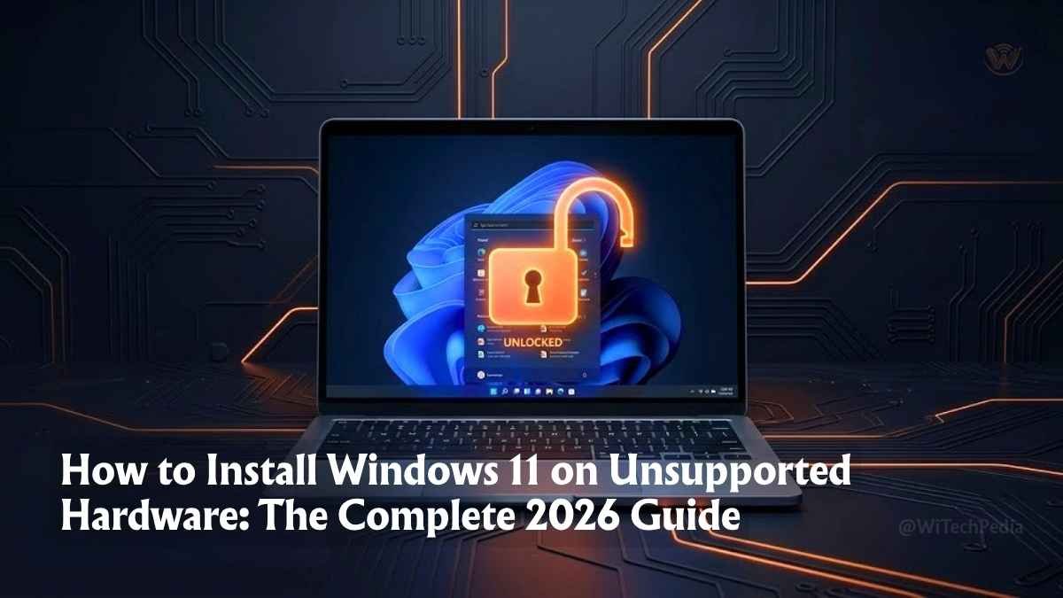 Hero image showing how to install Windows 11 on unsupported hardware with a bypass unlock visual